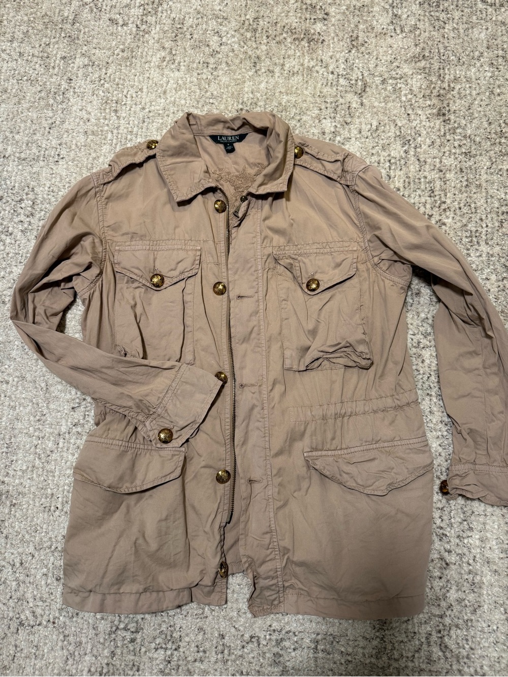 Ralph Lauren Tan Embroidered Collared Jacket with Gold Accents